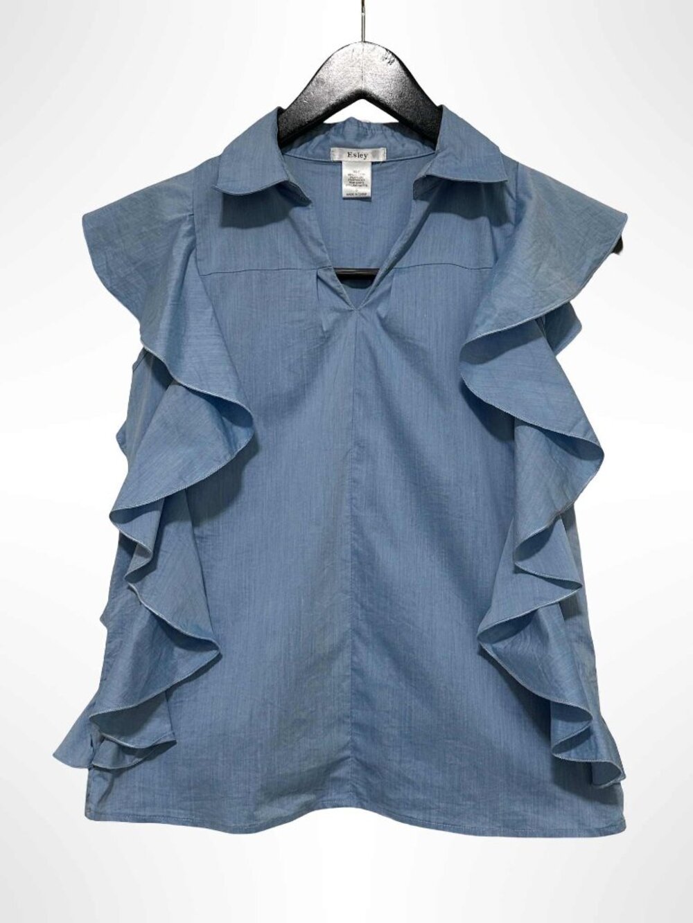 ESLEY Cap Sleeve Ruffle Detail Blouse Blue Size S